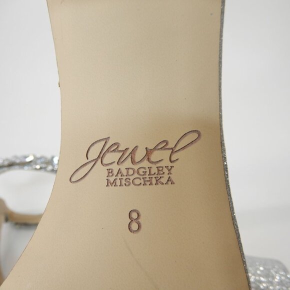 Jewel Badgley Mischka Catalina Ankle Strap Block Heel Sandals 8 Silver Glitter - Picture 14 of 15